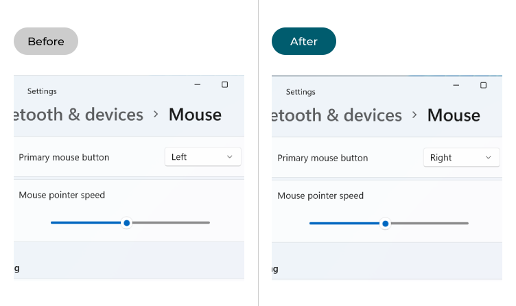 The Mouse settings before and after the primary mouse button is switched from left to right